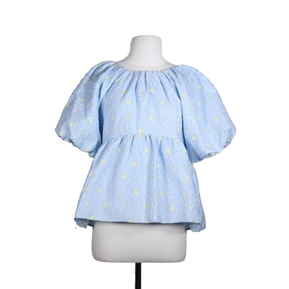 English Factory Women's XS Blue Empire Waist Top Jacquard Floral Puff Sleeves - Picture 8 of 8